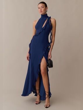 Kourt Navy Ruffle Halter Cutout Maxi Dress Open Back High Slit NWT Size S